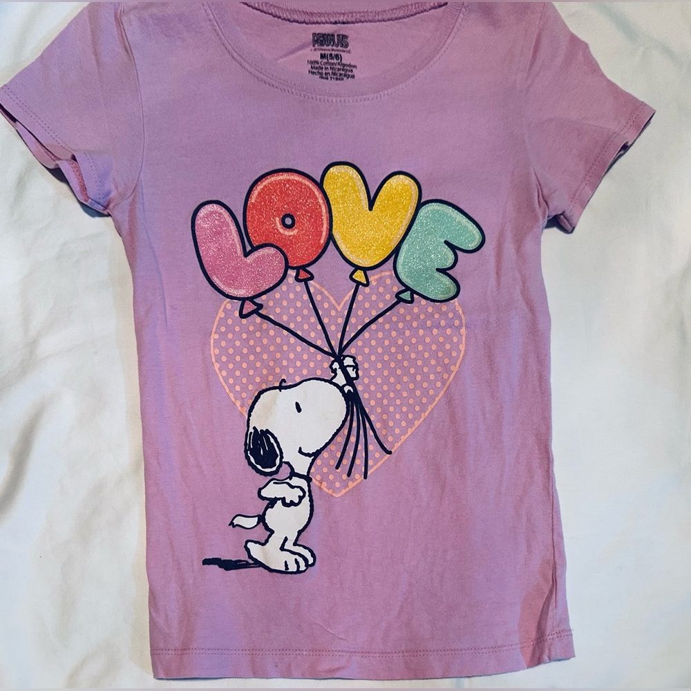 Snoopy Girls’ T-shirt Purple Rainbow Colored Pastel Balloon Love Peanut Size 5/6